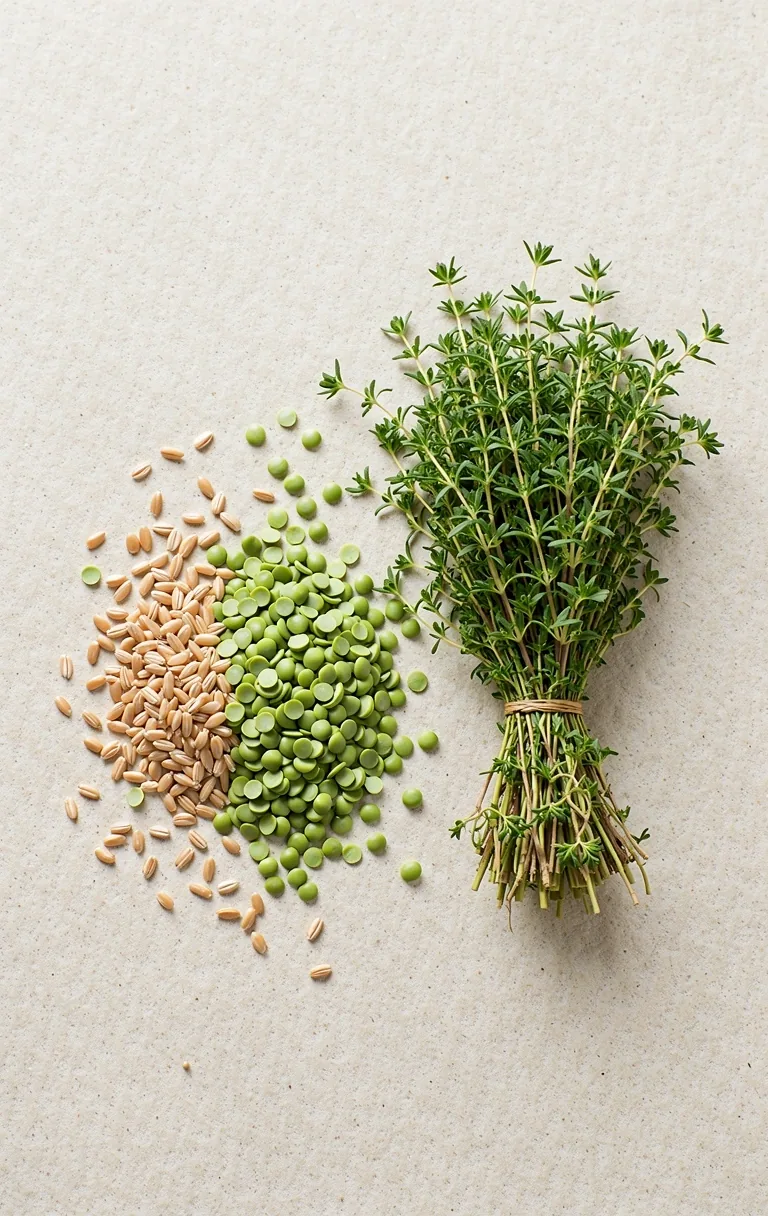 Raw organic ingredients including grains and herbs